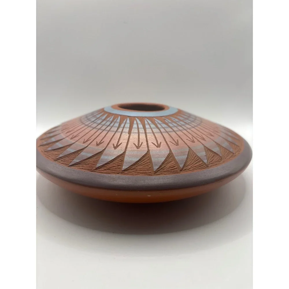 T Phillips Navajo Seed Pot Native American Etched Red Clay Pottery Signed